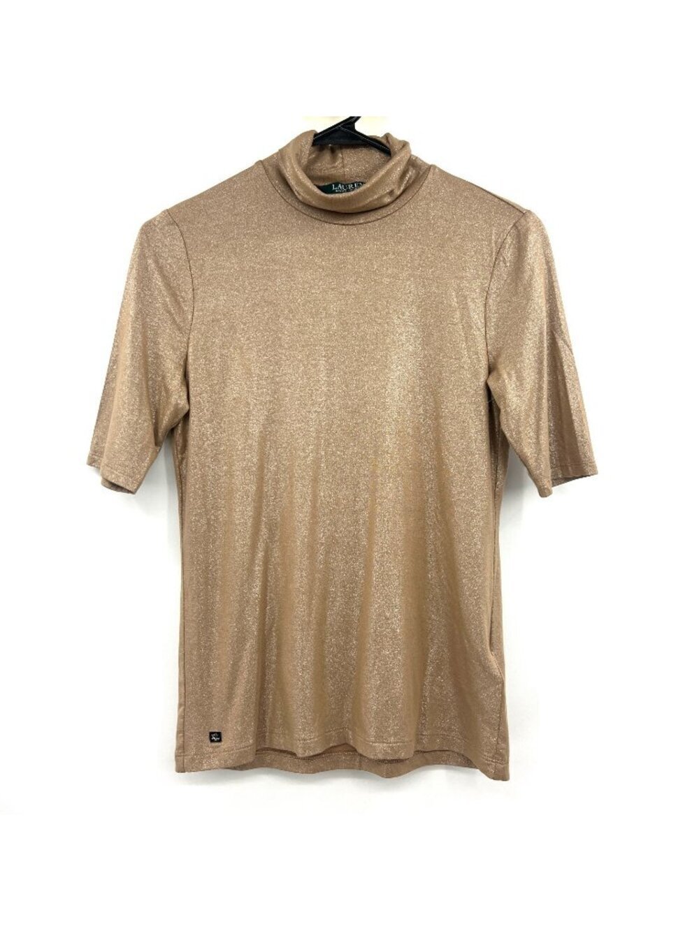 Lauren Ralph Lauren Gold Shimmer Turtleneck Short Sleeve Top Women's Medium